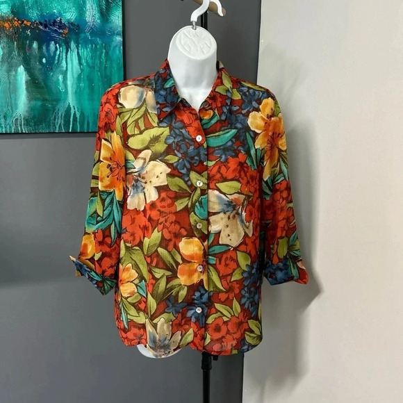 Tropical Floral Blouse Women’s 10P‎ Lined Mother Of Pearl Buttons Colorful - Picture 1 of 12
